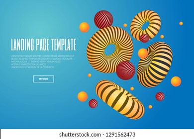 Website or mobile app landing page with illustration of 3d abstract shapes and torus. Minimal geometric background. 