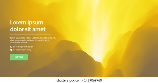 Sitio web o página de inicio de aplicación móvil. Erupción volcánica. Paisaje con montañas. Antecedentes abstractos. Ilustración vectorial.