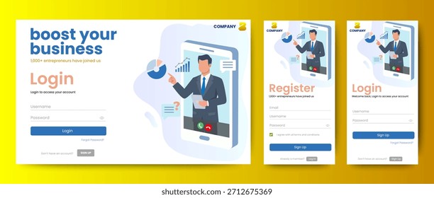 Website und Mobile App Login Signup Ul Design mit Business Consulting Concept Illustration. Vektor