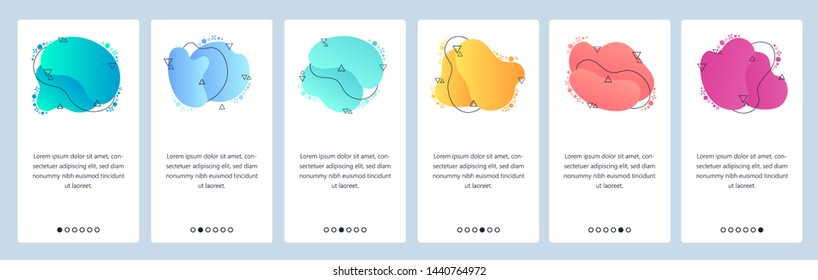 Website and mobile app onboarding screens. Menu banner vector template for web site and application development with trendy blue, violet, yellow and other color gradient dynamic liquid abstract shapes
