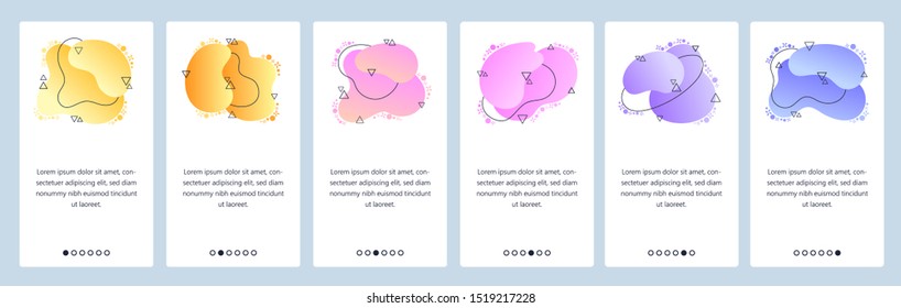 Website and mobile app onboarding screens. Menu banner vector template for web site and application development with trendy yellow, pink, violet gradient abstract dynamic fluid shapes.
