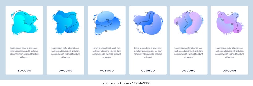 Website and mobile app onboarding screens. Menu banner vector template for web site and application development with trendy blue and violet gradient abstract dynamic fluid shapes.