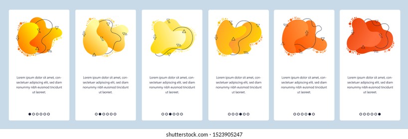 Website and mobile app onboarding screens. Menu banner vector template for web site and application development with trendy yellow and orange gradient abstract dynamic fluid shapes.
