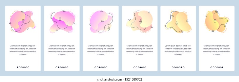 Website and mobile app onboarding screens. Menu banner vector template for web site and application development with trendy pink and yellow gradient abstract dynamic fluid shapes.