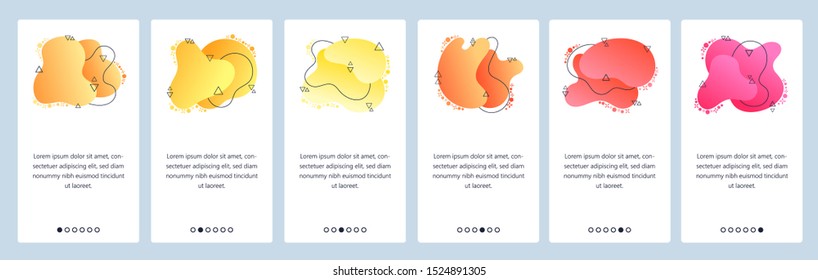 Website and mobile app onboarding screens. Menu banner vector template for web site and application development with trendy yellow and pink gradient abstract dynamic fluid shapes.