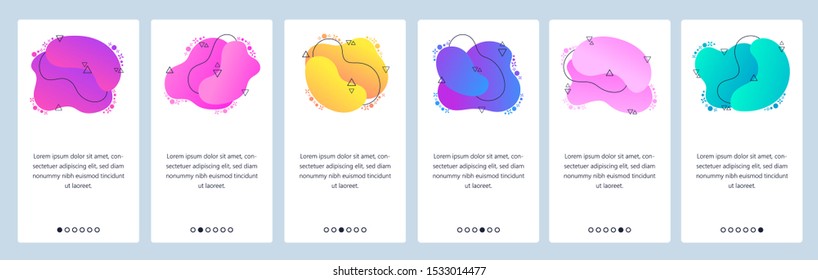 Website and mobile app onboarding screens. Menu banner vector template for web site and application development with trendy purple, pink, blue, yellow gradient abstract dynamic fluid shapes.