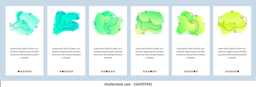 Website and mobile app onboarding screens. Menu banner vector template for web site and application development with trendy blue, yellow and green gradient abstract dynamic fluid shapes.