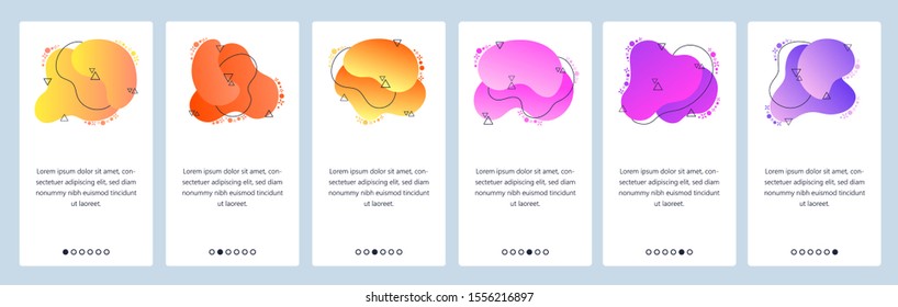 Website and mobile app onboarding screens. Menu banner vector template for web site and application development with trendy yellow, red, purple and violet gradient abstract dynamic fluid shapes.