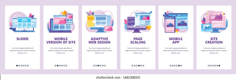 Website and mobile app onboarding screens. Menu banner vector template for web site and application development with liquid abstract shapes. Site building and web page design concept.