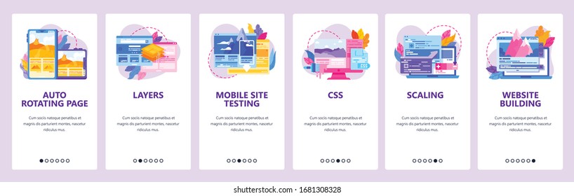 Website and mobile app onboarding screens. Menu banner vector template for web site and application development with liquid abstract shapes. Site creation and testing concept.