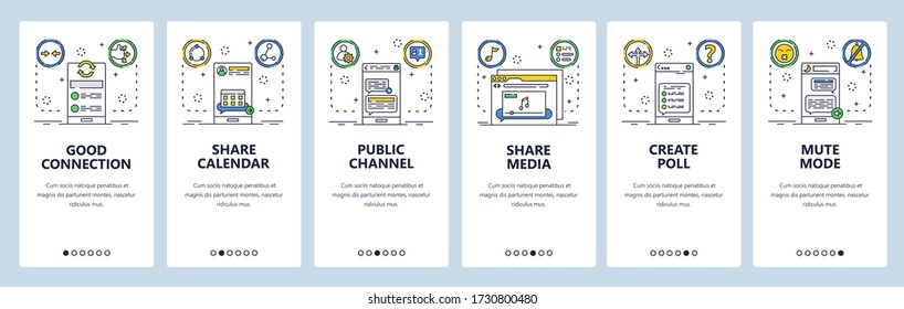 Website and mobile app onboarding screens. Menu banner vector template for web site and application development. Internet connection, share media, public chanel, share calendar. Thin line flat style.