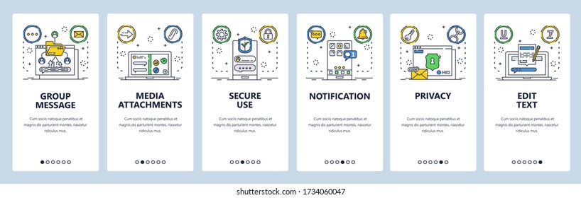 Website and mobile app onboarding screens. Menu banner vector template for web site and application development. Media attachments, secure group text messaging phone app. Thin line art flat style.