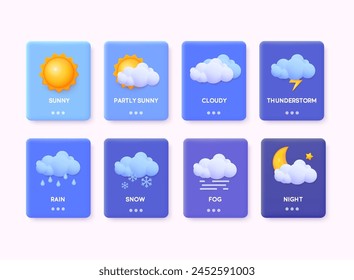 Website or mobile app ui icon set for weather forecast. Thunderstorm, rain, sunny day, fog, winter snow, night. 3D Web Vector Illustrations.