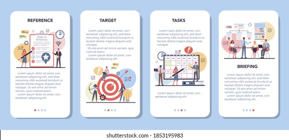 Website mobile application banner set. Process of website development, constructing interface and creating content. Term of references, targeting and tasks planning, Isolated flat vector illustration