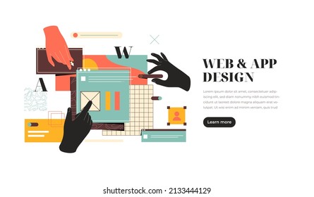 Website and mobile application design development vector illustration. Designers working on ui ux design, prototyping or coding web page. Landing page template. Cms development. 