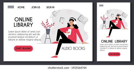 Website and mobile application template for online library. Young woman in headphones listening to audio books on smartphone . E learning knowledge studying. Stock modern flat concept illustration.