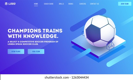 Website or mobile apps landing page design, 3d illustration of football on shiny blue background for Soccer tournament concept.