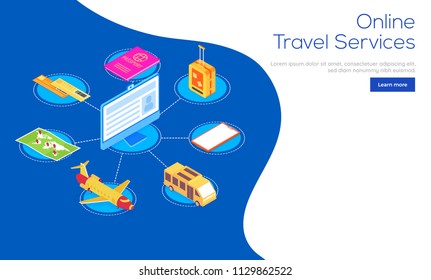 Website or mobile apps responsive hero banner design with isometric view of computer providing multiple options for online travel services.