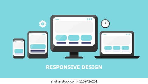 Website, mobile, laptop and tablet, responsive design illustration on light background