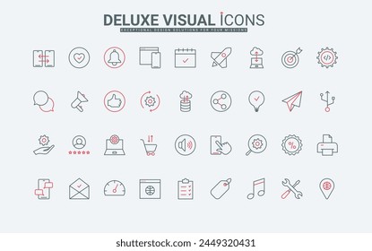 Website and mobile phone app thin black and red line icons set vector illustration. Outline symbols of social media and email, positive feedback and messages in speech bubbles, target marketing