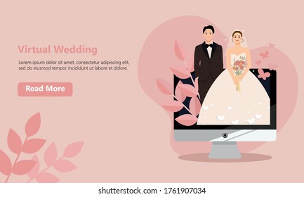 Website mockup design. Bride and groom virtual wedding on computer screen. Flat style illustration.