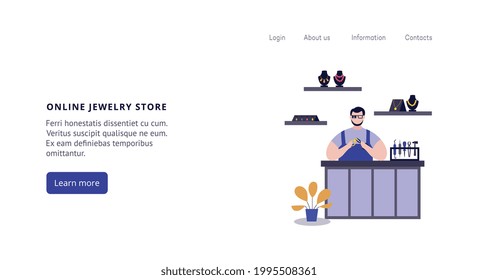 Website mockup for online jewelry store with master working on jewelry creation, flat vector illustration. Jewelry and bijouterie online sale web banner template.