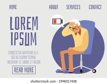 Website mockup with tired exhausted elderly man with low energy level, flat vector illustration. Aging and lack of energy health problems of seniors web banner.