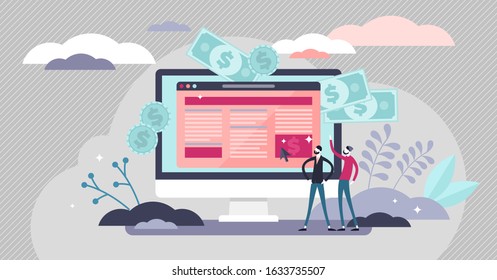 Website monetization concept, flat tiny persons vector illustration with two online e-commerce marketers analyzing blog content and generating income with ad placements and sponsor partnerships.