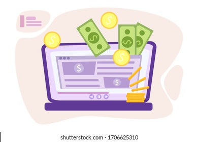 Website monetization concept, vector illustration, earn money online. Blog content and generating income with ad placements and sponsor partnerships. Influencer business and creative content producing