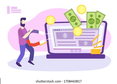 Website monetization concept, vector illustration, earn money online. Blog content and generating income with ad placements and sponsor partnerships. Influencer business and creative content producing