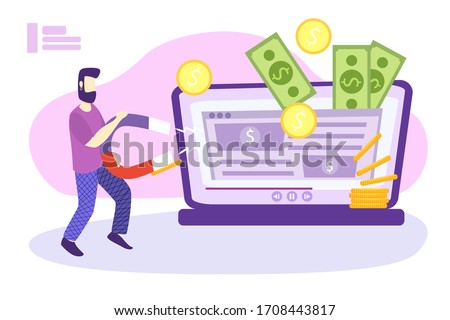 Website monetization concept, vector illustration, earn money online. Blog content and generating income with ad placements and sponsor partnerships. Influencer business and creative content producing