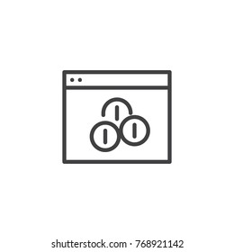 Website monetization line icon, outline vector sign, linear style pictogram isolated on white. Coins and web browser symbol, logo illustration. Editable stroke
