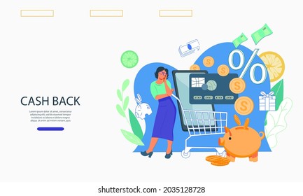 Website for money transfer or online payments, getting cashback and money savings economy. Landing page or web  banner template for bank operations online concept.