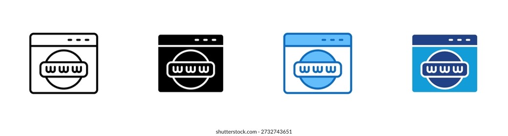Website Multiple Style Icon Design Vector - Browser window with globe and URL, representing online presence, web access, and digital platform