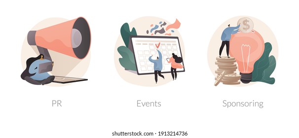 Conjunto de ilustraciones vectoriales abstractas de la barra de navegación del sitio web. eventos de relaciones públicas, página web patrocinadora, elemento de interfaz de usuario, interfaz de usuario, página de inicio corporativa, metáfora abstracta de representación empresarial en línea.