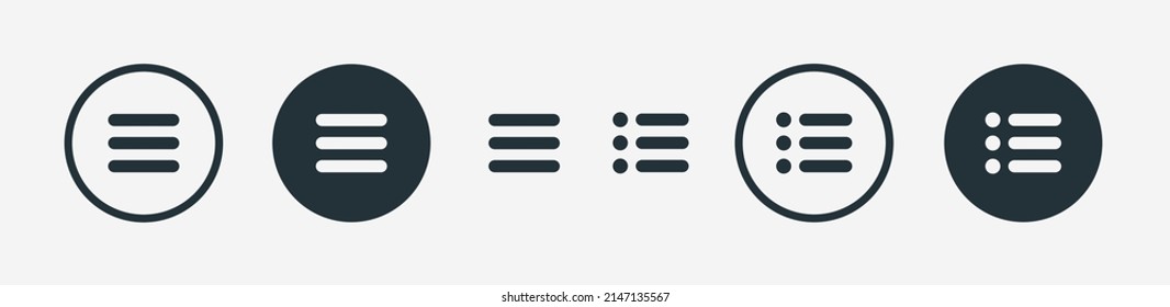 Website navigation hamburger menu icons set. Flat website menu icons with rounded and sharp edges. Mobile app menu icons vector set of UI UX design elements. App burger icons. Stock vector EPS10.
