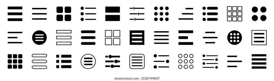 Conjunto de menus de navegação de site. Ícones de menu de aplicativos móveis e Web Hamburger. Menu de site simples. Aplicativo Móvel e Interface do Usuário. Ilustração vetorial