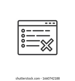 Icono de línea de comentarios negativos del sitio web. signo de estilo lineal para concepto móvil y diseño web. Icono de vector de esquema rechazado de verificación de lista de comprobación. Símbolo, ilustración del logotipo. Gráficos vectoriales
