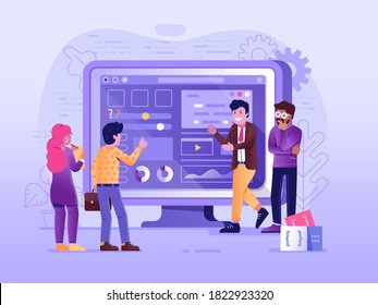 Website New Features Presentation Illustration With Computer Page And Clients Asking Questions. Web Developers Team Presenting And Explaining UI Design On Business Meet Up. Modern Business Concept.