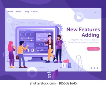 Website New Features Presentation Landing Page Template With Developers Team Presenting And Explaining UI Design To Clients On Business Meet Up. Web Site Upgrade And Services Integration Banner.