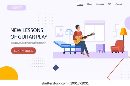 Website with new lessons of guitar play. Guy at hospital playing guitar. Landing page template. Male character with musical instrument composing songs. Person is creating music in medical institution