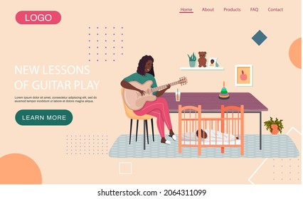 Website with new lessons of guitar play. Girl with musical instrument sings lullaby to child at night. Afro American woman playing guitar. Mom is singing to baby. Landing page design layout