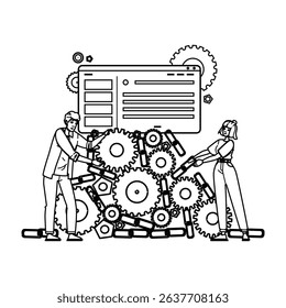 website off page seo vector. content rocket, campaign site, building marketing website off page seo character. people black line pencil drawing illustration