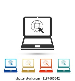 Website on laptop screen icon isolated on white background. Laptop with globe and cursor. World wide web symbol. Set elements in colored icons. Flat design. Vector Illustration