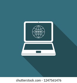 Website on laptop screen icon isolated with long shadow. Globe on screen of laptop symbol. World wide web symbol. Internet symbol for your web site design, logo. Flat design. Vector Illustration