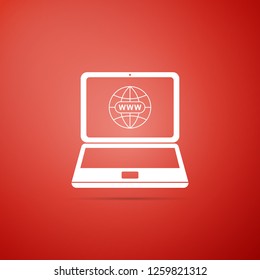 Website on laptop screen icon isolated on orange background. Globe on screen of laptop symbol. World wide web symbol. Internet symbol for your web site design, logo. Flat design. Vector Illustration