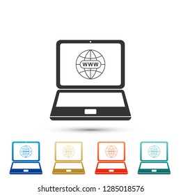 Website on laptop screen icon isolated on grey background. Globe on screen of laptop symbol. World wide web symbol. Internet symbol for your web site design, logo. Flat design. Vector Illustration