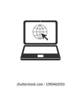 Website on laptop screen icon isolated. Laptop with globe and cursor. World wide web symbol. Flat design. Vector Illustration