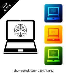 Website on laptop screen icon isolated. Globe on screen of laptop symbol. World wide web symbol. Internet symbol for your web site design, logo. Set icons colorful square buttons. Vector Illustration