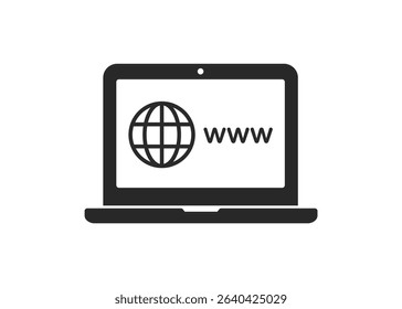 Website on laptop screen icon. Globe on screen of laptop symbol. World wide web symbol. Internet symbol for your web site design, logo. Vector Illustration stock illustration